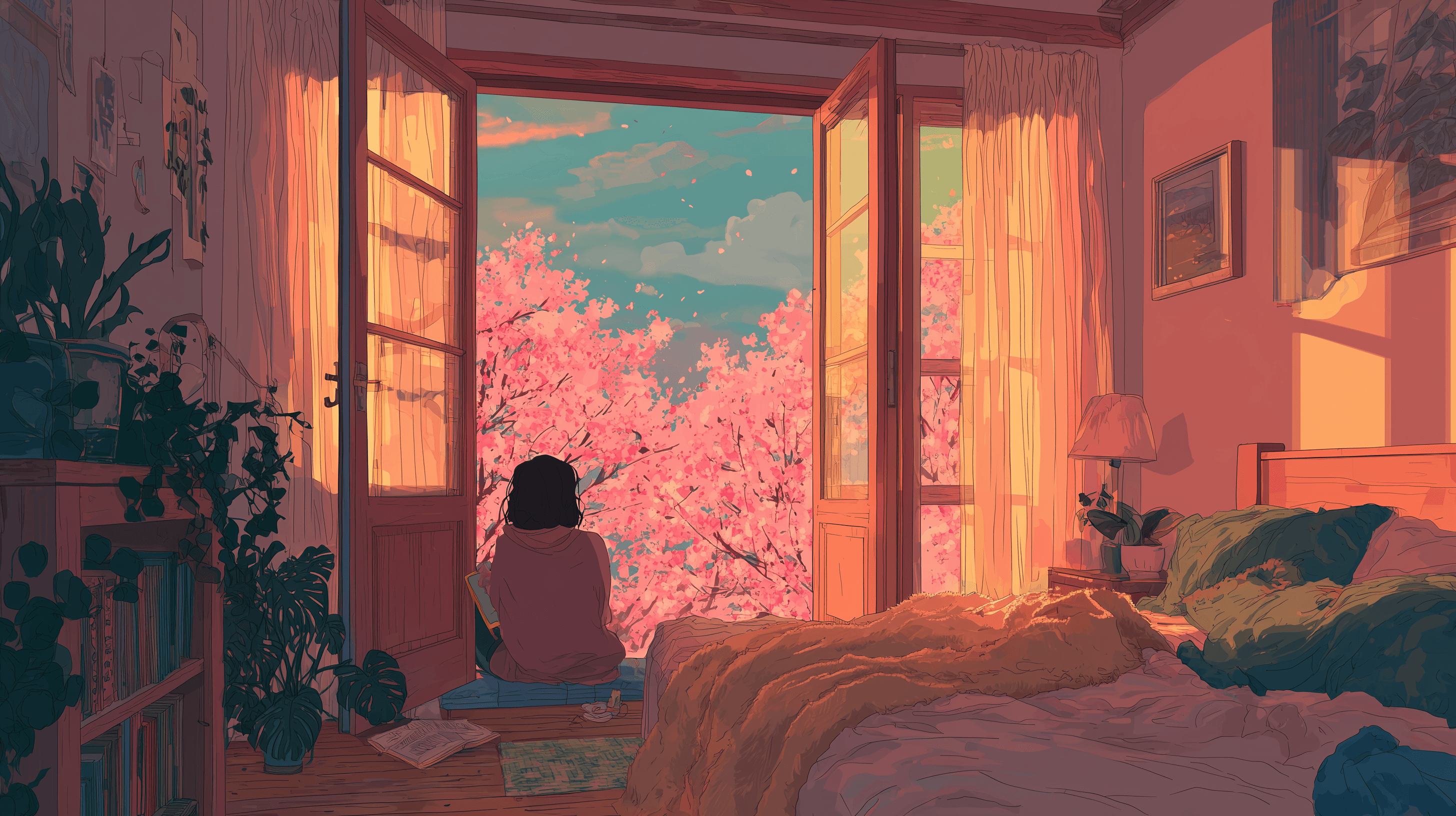 Illustrated bedroom with open balcony doors and bright pink trees outside.